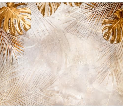 decomonkey - Papier Peint Panoramique Plantes or 350x256 cm - Décoration murale moderne – Tapisserie décorative pour chambre salon - Feuilles de palmier tropicales plantes nature