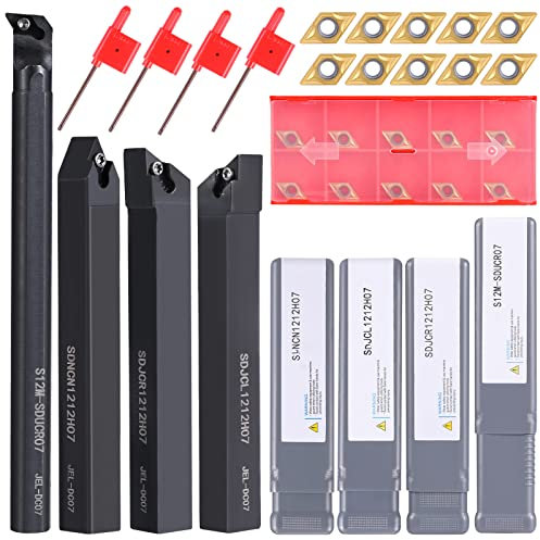 VerRich 1/2 12mm Shank Indexable Lathe Turning Tool,14Pcs Lathe Tool Kits with 10PCS DC070204 Carbide Inserts and 4Pcs Turning Tool Holders S12M-SDUCR07/SDJCR1212H07/SDNCN1212H07/SDJCL1212H07