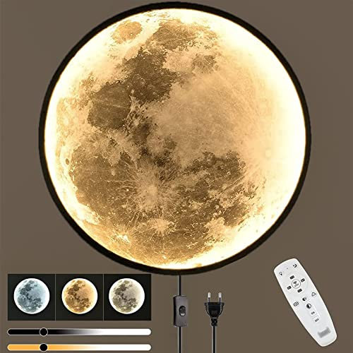 80cm 3D Mond Lampe 45W LED Wandleuchte Dimmbar mit Fernbedienung Wandlampe mit Schalter und Stecker Art Deco Wohnzimmerlampe Mond Nachtlicht Runde Wandbeleuchtung Lampe für Wohnzimmer Schlafzimmer
