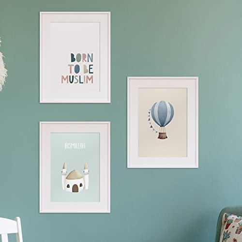 3er Poster-Set, Heißluftballon+Moschee+Born To Be Muslim, Typo, islamic nursery | Islamische Poster Kinderzimmer A3= 29,7 x 42cm I 180g/qm I Ohne Bilderrahmen | Islamisches Poster Kinderzimmer