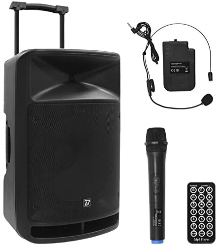 Enceinte Sono portable autonome avec 2 micros sans fil BoomTone DJ TravelSound15-VHF. Karaoke Haut-parleur 800W Tuner FM. Récepteur Bluetooth. Lecteur de carte SD, clé USB et télécommande IR.