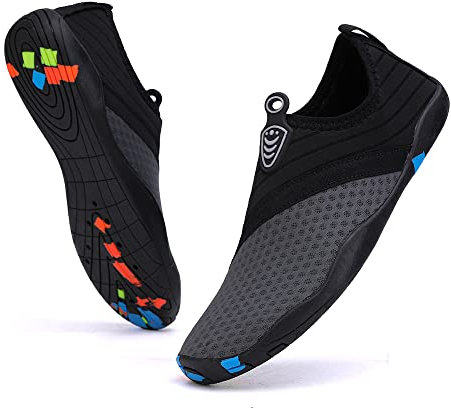 Vsufim Quick-Dry Water Sports Barefoot Shoes Aqua Socks for Swim Beach Pool Surf Yoga for Women Men, Black/Grey, 8 Women/7 Men