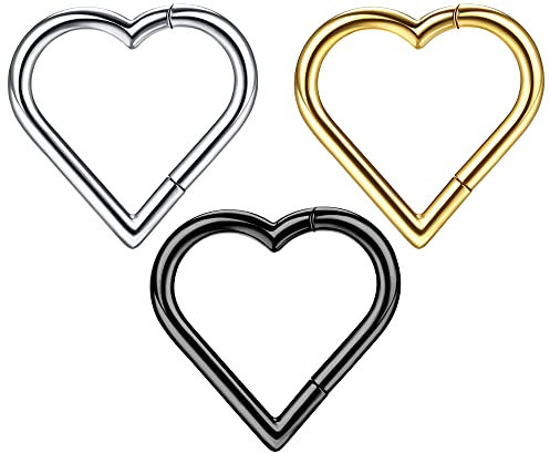 Dochais 3 Stück Nasenring Titan, Nasenringe Nasenpiercing, Hoop Nose Ring, Septum Ringe, Helix Ring Set, Daith Ring, Hoop Ohrringe Septum, Nasenring Herz für Damen Männer Silber Gold Schwarz 16G 10mm