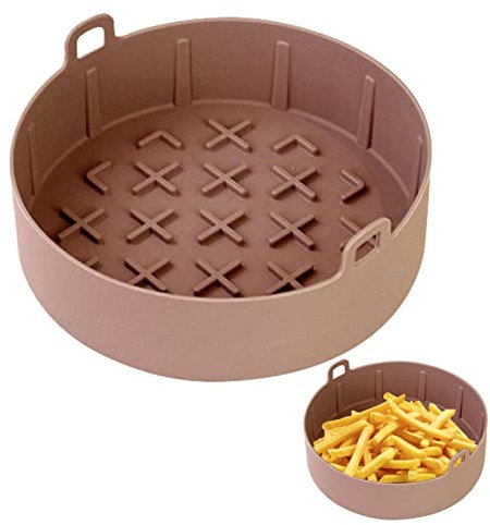 NSXIN Heißluftfritteuse Silikon Korb Zubehör Ersatz, Wiederverwendbarer Heißluftfritteuse Liner Airfryer Faltkorb Ersatzkorb für Backofen, Mikrowelle Kuchenbackform, Dampfgarer usw (Braun,Rund)