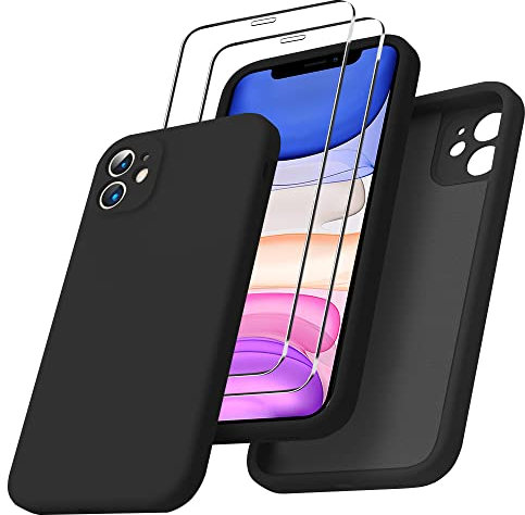 Coque en Silicone iPhone 11 avec 2 Verre Trempé Protection écran,Housse Etui de Protection Complète,Case Doublure Douce en Tissu Microfibre,Souple Anti-Choc Cover,6.1 Pounces,Noir