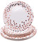 TOPWAYS Dot Rose Gold Birthday Decorations Paper Plates Set, 7'' and 9'' Disposable Paper Dinner Dessert Party Plates Tableware Decorations for Birthday, Wedding Anniversary Picnic, 16pcs Each Size