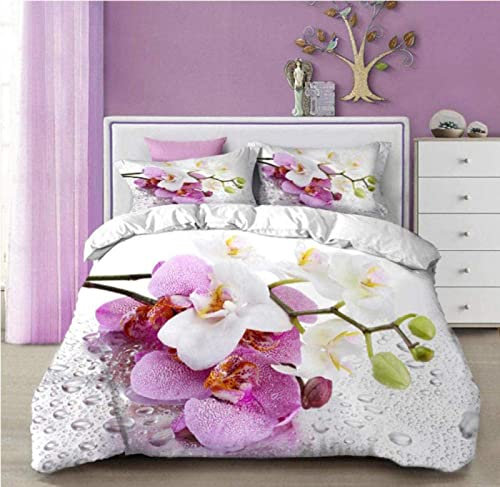TAKOLI Bettwäsche 155 x 220 Schmetterling Orchidee, Weiche Microfaser Blumendruck Bettwäsche Set 3 teilig - 3D Motiv Bettbezug & 2 Kissenbezüge 80x80, mit Reißverschluss