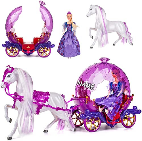 Puppen Kutsche mit Pferd & Puppe - lila inkl. Name - passend für kompatibel mit Barbie Puppen - Steffi Love - LOL Surprise Spielzeug Puppe - Prinzessin Pf..