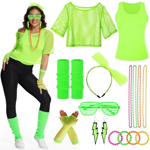 Ulikey 80er 90er Jahre Outfit Damen, 80er Jahre Kleidung Damen Set, Netzshirt, Tank top, Halskette, Armband, Ohrring, Brille, Stirnband, 90er Jahre Neon Party Outfit Mottoparty Accessoires (grün, XL)