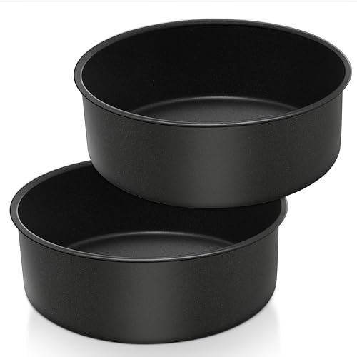 Herogo 9.5 Inch Cake Tin, Non-Stick Round Stainless Steel Cake Tin Set of 2, 7cm Small Deep Baking Tray for Brownie, Lasagne, Pie, Healthy & Non-Toxic, Durable & Easy Clean (25 cm, Black)