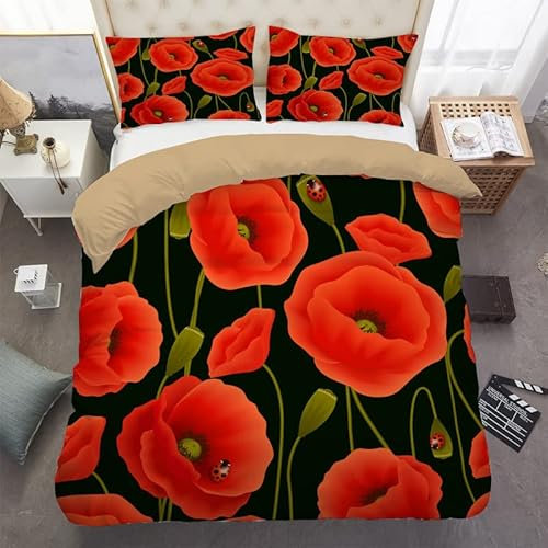 Bettwäsche 155x220cm Mohn Mikrofaser Bettbezug mit Reißverschluss, Weiche Bettwasche-Sets Set mit 2 Kopfkissenbezug 80x80 cm für Damen Jungen Kinder Einzelbett