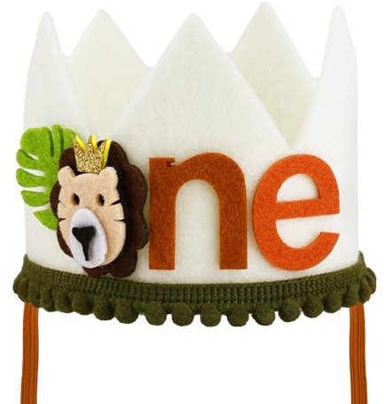 PEUTIER Geburtstagshut 1 Jahr, Verstellbar, Niedlich Tier-Geburtstagskrone, Partygeschenke zum Thema König der Löwen, Unisex, Hut, Geburtstag, Dschungel, Weiß