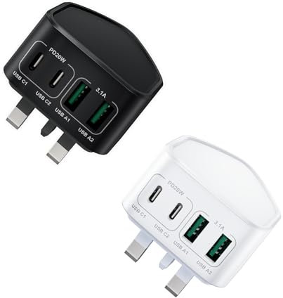 2-Pack USB C Plug Fast Charge, 40W 4-Port Multi Charger Plug UK Dual USBC Power Adaptor + Double USB Mains Charger Type C Charging Plug for iPhone 15 14 13 12 11 Pro Max XS XR, iPad, Samsung, Tablet