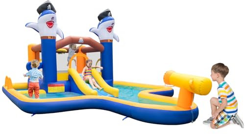 GYMAX Kids Bouncy Castle, 7 in 1 Inflatable Water Park with Slide, Splash Pool, Ball Pit, Water Cannon, Basketball Hoop, Boxing Game & Ring Toss, Children Bounce House for 3-10 Years Old