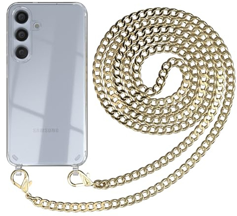 EAZY CASE Handykette kompatibel mit Samsung Galaxy S24 Handyhülle mit Metall Umhängeband und Ersatz Kordel schwarz, Handykordel mit Schutzhülle, Kette mit Smartphone Hülle, Metall – Gold
