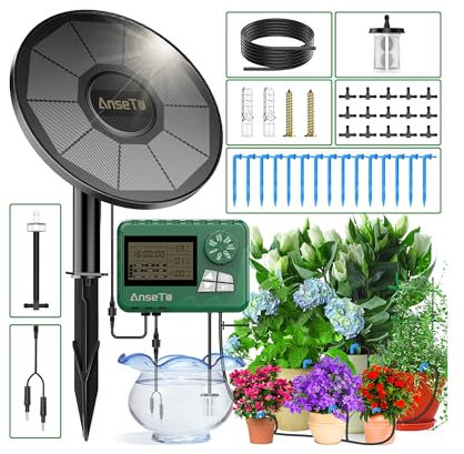 AnseTo Sistema de Riego Solar con Temporizador Automático DIY, 2024 última Versión Kit Riego por Goteo para Jardín, Balcón, Invernadero con 15 Metros de Manguera de Agua, 15 Mangueras de Goteo