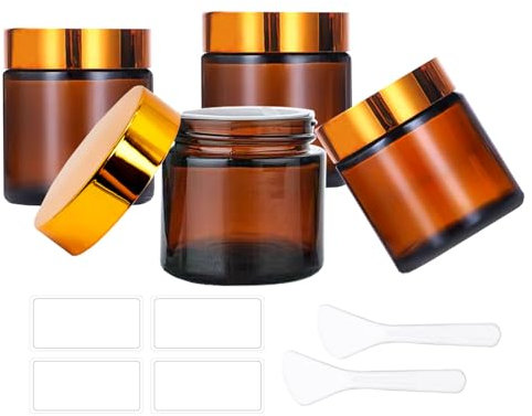 BEGIKET Lot de 4 bocaux en verre ambré de 60 ml avec couvercles, vides de 60 ml avec doublures intérieures et couvercles dorés, récipients cosmétiques pour ranger crème, pommades, lotion (ambre -