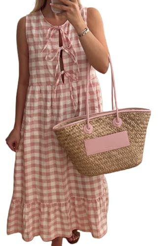 Owegvia Damen Plaid Midi Tank Kleid Lose Tie-up Ärmellos Rüschen Lounge Sommer Gingham