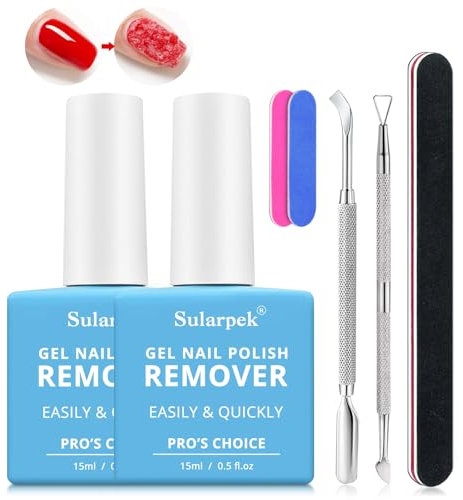 Sularpek 2*15 ml Remover Solvente Per Smalto Semipermanente, Levasmalto Rimuovi Semipermanente Unghie, con Spingi Cuticole e Lima per Unghie, Rimuove Facilmente e Rapidamente lo Smalto in 3-5 Minuti