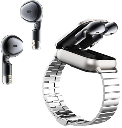 Earbuds Sport Watch Smart Watch, HD Touch Screen, Call, Fitness Tracker, Remote Camera Control, 2 in 1 Smart Watch with Earbuds, IOS Compatible (Silver Steel)