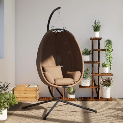 Tidyard Hängesessel Hängestuhl Hanging Chair Hängeschaukel Gartenschaukel Ei-Design mit Ständer Taupe Stoff und Stahl
