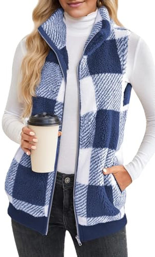 FEOYA Gilet Polaire à Carreaux pour Femmes Automne Hiver Gilet Chaud sans Manches Vestes Zippées à col Montant Gilet doux avec Poches Bleu XL