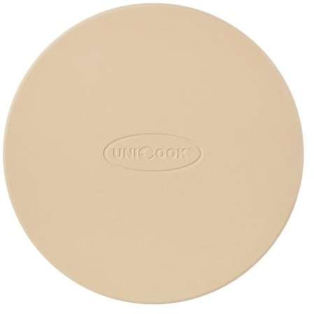 Unicook 33 cm Round Pizza Stone for Oven and Grill, Cordierite Bread Baking Stone, Baking Crispy Pizzas, Bread and Cookies, Includes Carry Rack and Dough Scraper