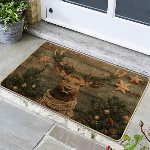 Weihnachtliche Hirsch-Fußmatte, rustikales braunes Geweih, Willkommensmatte für Außen- und Inneneingang, Urlaubsdekoration mit rutschfester Unterseite, 73 x 43 cm