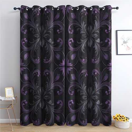 zcwl Schwarz Lila Barock Vorhänge, Vintage Blumen Verdunklungsvorhänge mit Ösen, Vorhang Blickdicht für Wohnzimmer Schlafzimmer Dekoration, Gardinen mit Muster, 2er Set, 137 x 117 cm (HöhexBreite)