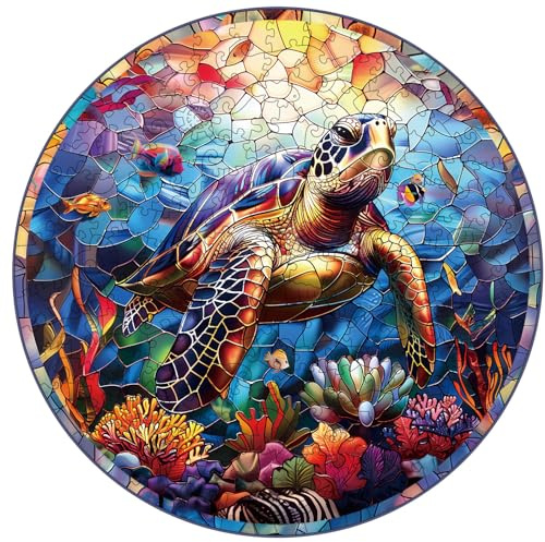 KaayeeWood Holzpuzzle Erwachsene,Buntglas-Schildkröte Holzpuzzle,Einzigartige Wooden Puzzle Mit Geschenkbox,Geschenke für Kinder und Erwachsene(34 * 34cm-300 Stück)