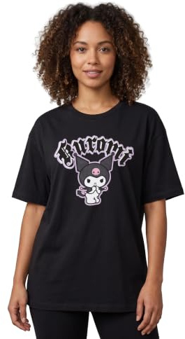 Hello Kitty & Friends Womens Black Short-Sleeved T-Shirt | Kuromi Cheeky Graphic Tee Character Apparel | Sanrio Cartoon Merchandise