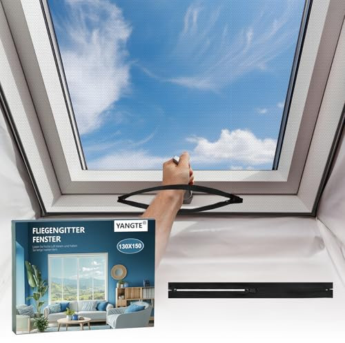 YANGTE Mosquitera para ventana de techo (130 x 150 cm, negra), protección contra insectos para ventana con adhesivo más fuerte, cierre de velcro, mosquitera y mosquitera para ventanas sin taladrar