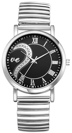 JewelryWe Damenuhr Herz Elastische Uhren: Strass Semi Herz Buchstaben Love Analog Quarz Armbanduhr Damen Silber Edelstahl Stretch Armband Uhr mit Zugarmband & Schwarz Römischen Ziffern Zifferblatt