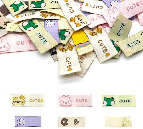 LIANCHEN 60 Pcs Einnähen Textiletiketten 6 Größen Handmade Textiletiketten Beige Stoff Label zum Annähen Webetiketten Handmade Label Nähen Labels für Nähen, Kunsthandwerk, Stricken (farbig)