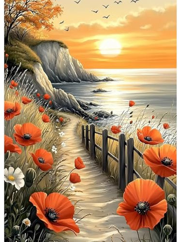 KEYIFA 5D Mer Diamond Painting Complet Kit, Fleurs Cristal Art Toile Kit Peinture, DIY Diamond Painting Adultes, Accessoires Diamant Painting pour Murale Décoration 30x40cm