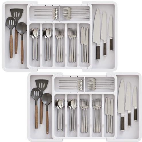 ABHENG Range Couverts, Paquet de 2, Organisateur d'ustensiles,Tiroir pour Ustensiles de Cuisine Extensible et Réglable,Porte-couteaux en plastique avec multiples compartiments,cuillères,Blanc,AFD012W