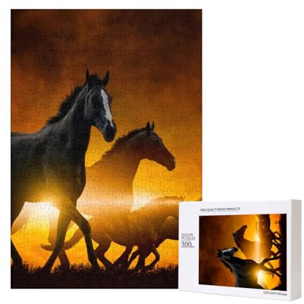 300 Teile Puzzle Holzpuzzle Spielzeug Familienspiel für Erwachsene Jugendliche,Schwarze Pferde Rot Leuchtende Wolken Gedruckt