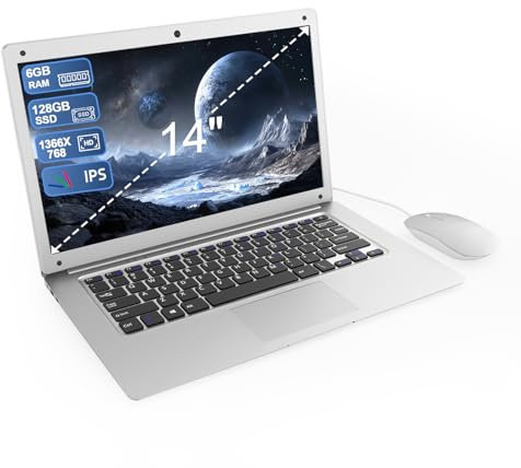 Ordenador portátil 14 pulgadas 6 GB RAM, 128 GB SSD Celeron Procesador Dual Core Portátil PC 1366*768 IPS Laptop PC Inalámbrico WiFi& Bluetooth 4.2 HDMI*1 USB3.0*2 4000mAh Batería incluida Membrana