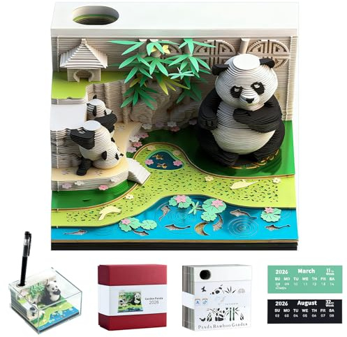Yuning 3D-Notizblock Panda,3D Kalender Abreißen 2026 Zeitmesser Kalender mit Stifthalter,DIY Papierschnitzerei Kunst Notizblock,3D Abreißpapier Memo Pad 2026 Tischkalender Büro Dekoration Weihnachten