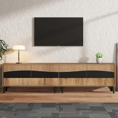 FammyLoft Mueble bajo de TV de 180 cm con 4 armarios, mueble de TV para televisor de 75 pulgadas, armario con 8 patas de apoyo para salón, tabla de TV, soporte de TV, color madera + negro