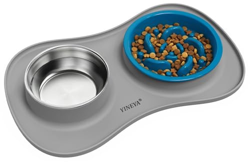 YINEYA gamelle pour chien/chat set 3 in 1, gamelle anti glouton, est fourni avec un tapis pour chien pliable, Il convient aux aliments secs et humides ainsi qu'à toutes les races de chiens et de chats