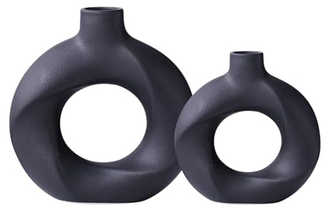 TAIYOU 2 Stück Schwarze Keramikvase Runde Donut-Form Moderne Dekorative Blumenvase für Wohnungsdeko Trockenblumen Tischdecko Kreatives Design Einzugsgeschenk
