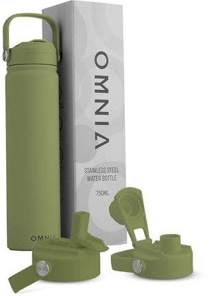OMNIA NUTRIENTS Vacuum Insulated Stainless Steel Water Bottle, 2 Lids (Straw & Spout) Leakproof, BPA-Free, Reusable Flask Ideal for Travel and Outdoors (Olive Green - 750 ml)