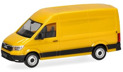Herpa LKW Modell MAN eTGE Kasten, ginstergelb, Miniatur im Maßstab 1:87, Sammlerstück, Made in Germany, Kunststoff