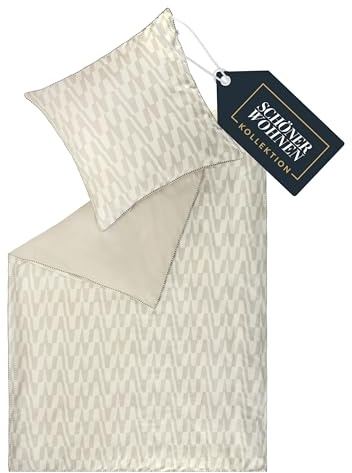 SCHÖNER WOHNEN Satin Bettwäsche 135x200 Baumwolle grafisch Natur - Luxus Bettwäsche-Set 2teilig - atmungsaktiv - 1x Bettwäschebezug & 1x Kopfkissenbezug 80x80cm Frühling Duvet Cover Set - ÖkoTex