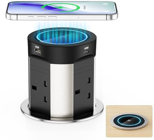 Pop Up Socket for Kitchen Worktops, 15W Wireless Charging, 75W Total USB-C | Pop Up Power Socket 4 UK outlets, 2 USB-C, 2 USB-A, 13A, Recessed Power Strip for Kitchen Worktops, Black