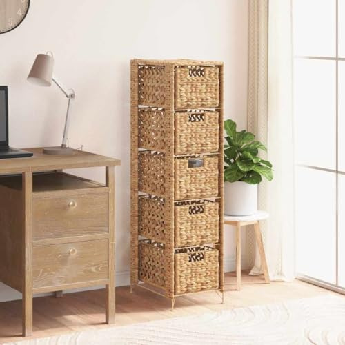 mzdioop Standing Shelf with 5 Baskets Made of Water Hyacinth and Metal Frame, 25.5 x 37 x 100 cm, Brown, Storage Cabinet with Drawers for Living Room, Office, Hallway, Kitchen, Storage Space and Order