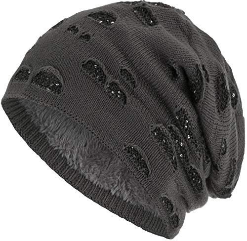 Compagno Mütze Damen Wintermütze mit Pailletten warm gefütterte Beanie Strickmütze Hat Haube Einheitsgröße, Farbe:Grau