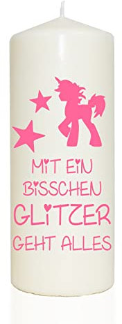 WB wohn trends Spruchkerze, Mit EIN bisschen Glitzer geht Alles/Einhorn, rosa, 20cm, 765g d8cm, Kerze mit Spruch, Brenndauer ca 70 Std