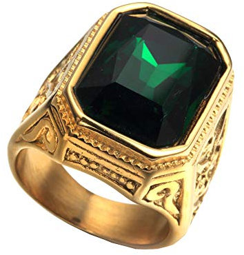 PAURO Herren Edelstahl Jahrgang Golden Square Eheringe Mit GroßEn Stein GrüN GrößE 57